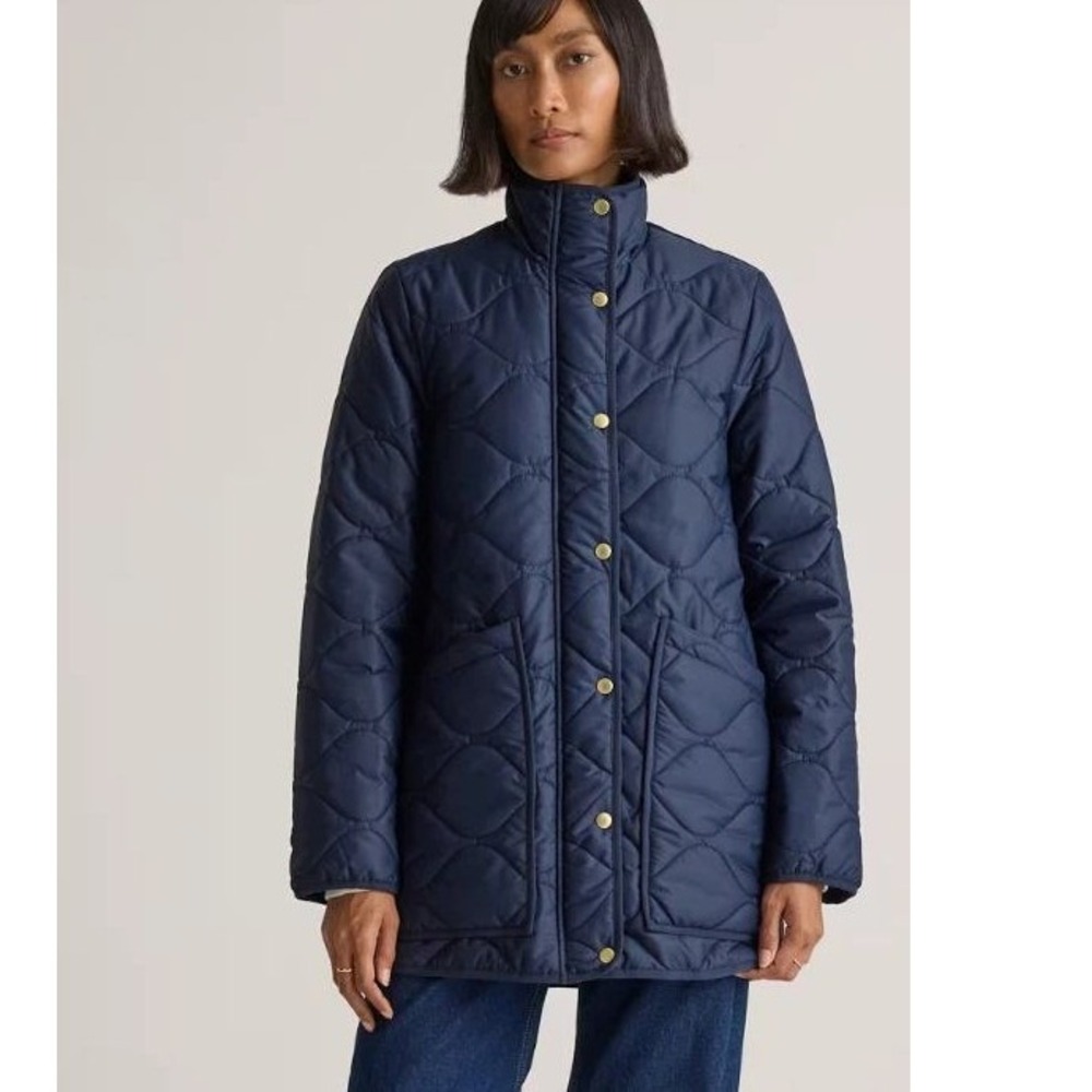 Quince Featherless Quilted Long Puffer Jacket Admiral Blue Navy Large Full Zip
